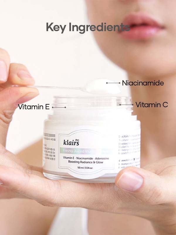 Key ingredients of Dear Klairs Freshly Juiced Vitamin E Mask - - Vitamin E - Niacinamide - Vitamin C