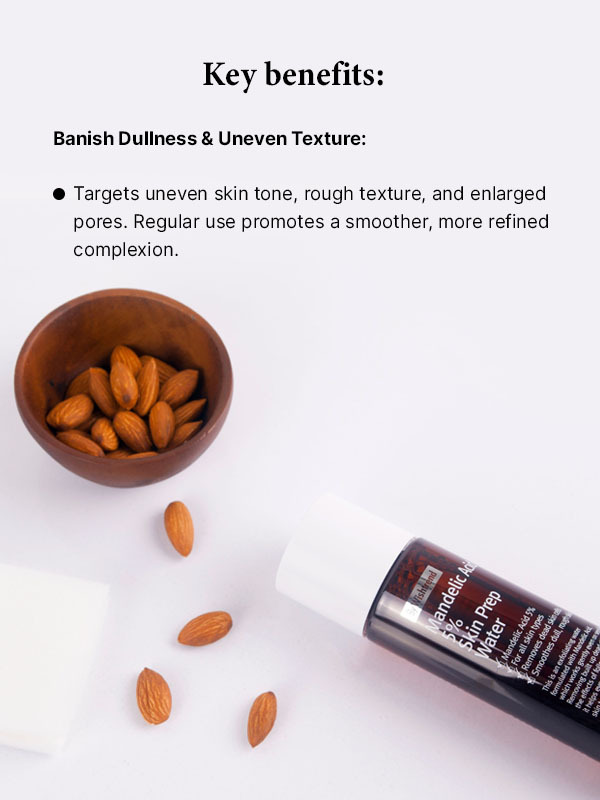 Key benefit description of the By Wishtrend Mandelic Acid 5% Prep Water along with the product and almonds