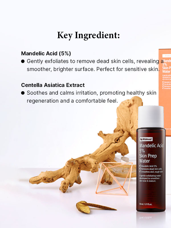 A list on the key ingredients and functions of the By Wishtrend Mandelic Acid 5% Prep Water 30ml