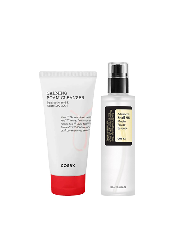 A K-beauty skincare set that includes COSRX AC Collection Calming Foam Cleanser 150ml and COSRX Advanced Snail 96 Mucin Power Essence 100ml.
