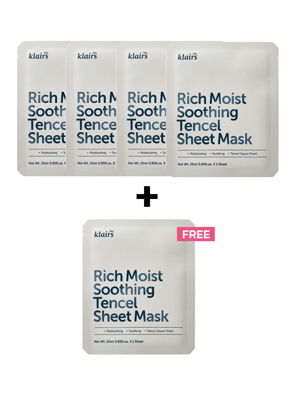 K-Beauty Mid-Year Super Sale Buy 4 Get 1 FREE offer for Dear Klairs Rich Moist Soothing Tencel Sheet Mask.