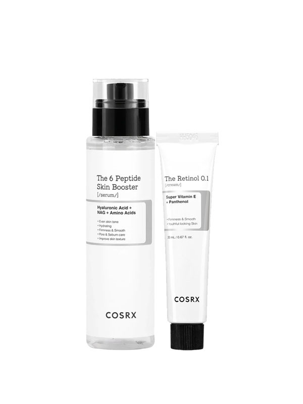 A Korean skincare set for dry and aging skin containing COSRX The 6 Peptide Skin Booster Serum and COSRX The Retinol 0.1 Cream. Peptide and Retinol