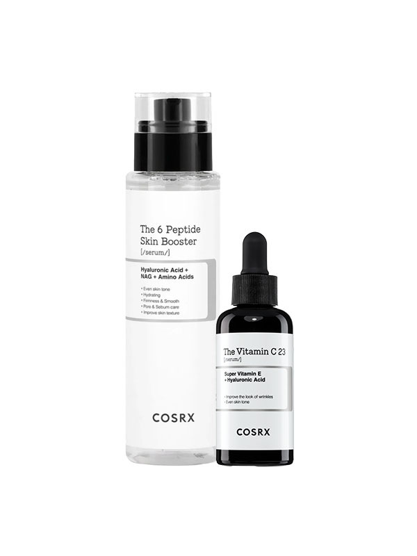 A Korean skincare set for anyone that has pigmentation and melasma skin problems featuring COSRX The 6 Peptide Skin Booster Serum and COSRX The Vitamin C23 Serum. Peptide and Vitamin C.
