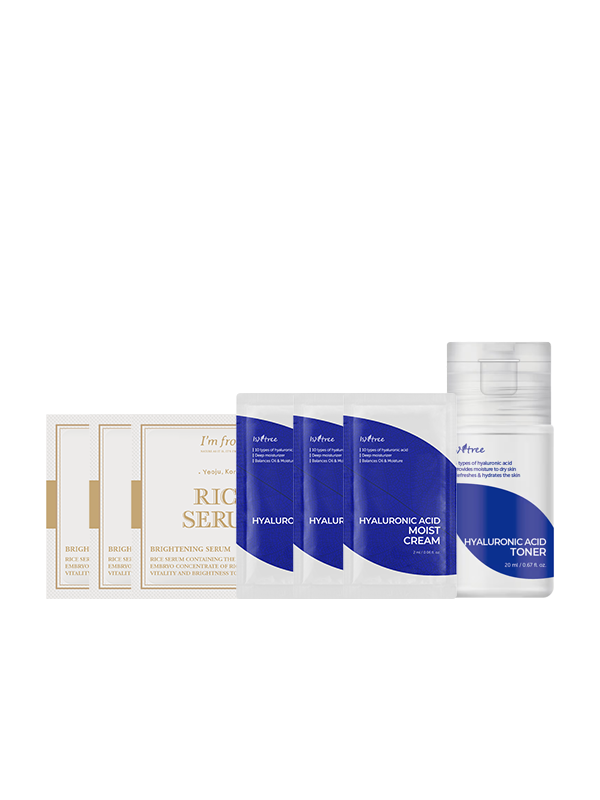 Hydration Balancing Bundle. I'm From Rice Serum (1g x 3), ISNTREE Hyaluronic Acid Toner 20ml, ISNTREE Hyaluronic Acid Moist Cream (Sample x 3)