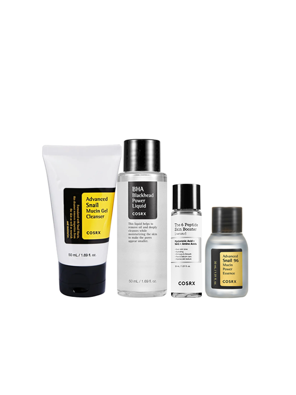 COSRX Bestsellers Minis. Contains Advanced Snail Mucin Gel Cleanser 50ml, BHA Blackhead Power Liquid 50ml, 6 Peptide Skin Booster Serum 30ml, Advanced Snail Mucin 96 Power Essence 30ml. Cleanse, exfoliate & hydrate.
